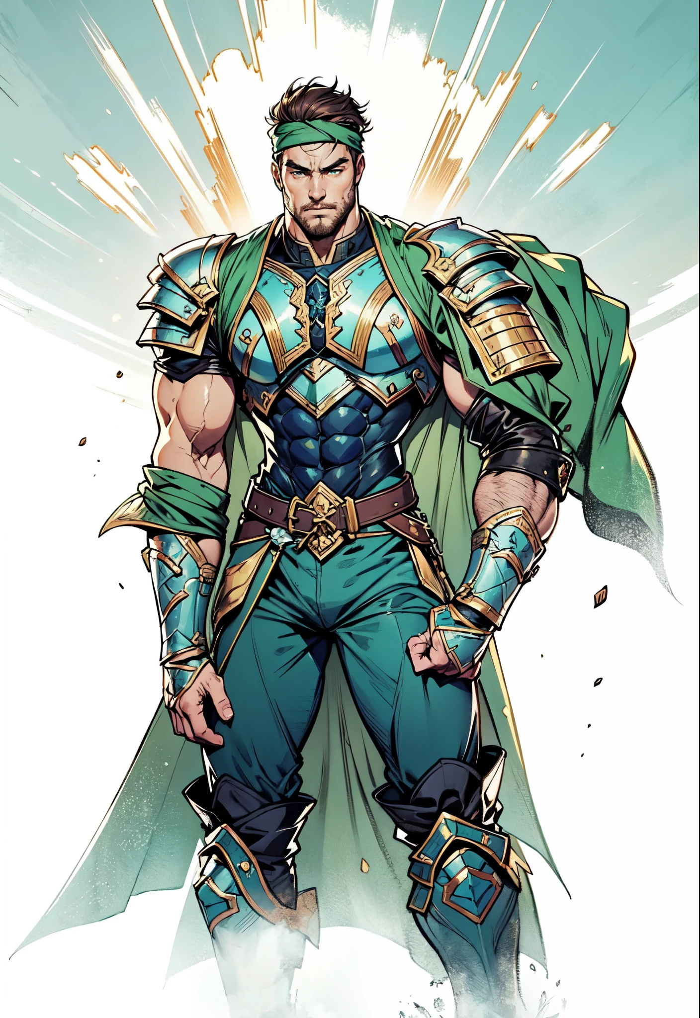 (masterpiece:1.2, best quality:1.2, extremely delicate:1.2), ((male:1.5)), a middle-aged man with short dark blue hair, a green headband tied around his forehead, sharp eyes, a heroic face, long sideburns, a long beard on his chin, a confident expression, a tall and muscular build, a fantasy-realist style short-sleeved coat, with a white and green form-fitting chest armor underneath, a flowing cape hangs from his right shoulder, heavy iron wrist guards, his belt is connected to small skirt armor plates, coarse cloth trousers, long boots that include shin guards, stands like a guardian in front of a city gate, this character embodies a finely crafted fantasy-realist style warrior in anime style, exquisite and mature manga art style, dramatic, high definition, highres, ultra-detailed, ultra-fine painting, professional, perfect body proportions, golden ratio, anatomically correct, symmetrical face, extremely detailed eyes and face, high quality eyes, creativity, RAW photo, UHD, 32k, Natural light, cinematic lighting, (masterpiece-anatomy-perfect:1.2)