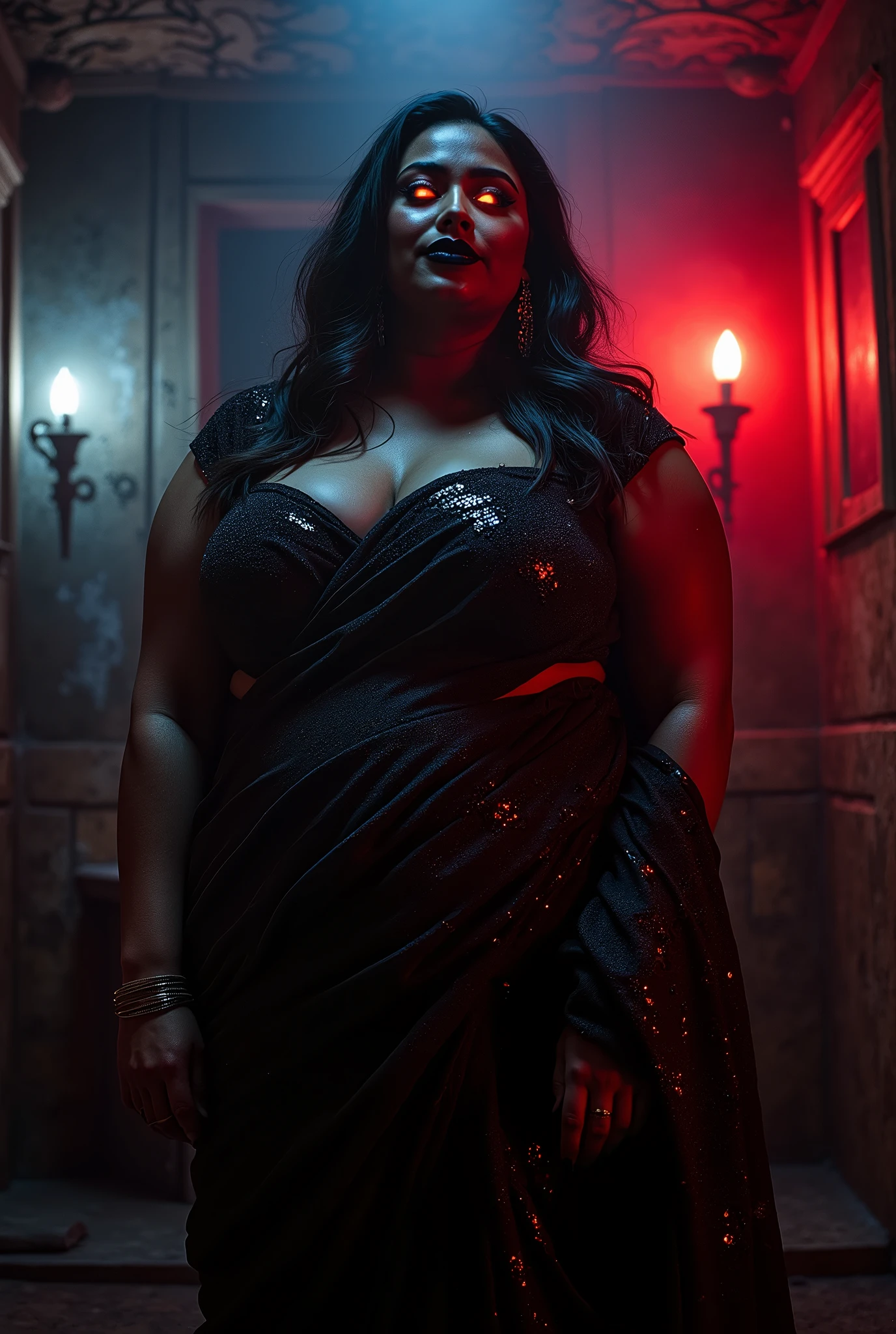 ( glowing eyes:1.5),Fortune telling hall,indian astrology,Looks like Aparna Dixit, full body Closeup shot, Big chubby aunty, milf, cougar lady witch, horny Gothic milf, 60 years old gorgeous voluptuous mature lady, pervert demoness, demoness of lust, curvy, black lips, horny face, extremely gorgeous, thick figure, heavy physique, voluptuous, curvy, sexy figure, Fashionable portrait of androgynous alien looking witch wearing veil,( glowing eyes:1.5), futuristic design, minimal details, givenchy, photoreal, 200mm, hd, f/ 2.0, highly detailed, surreal, sexy beautiful evil woman, sexy bold sequin Saree with strapless Bra, chudail, Pishachini, horror genre, blood-thirsty enchantress, powerful female spirit, eerie, drop dead, in the style of red and blue, (intricate details, hyperdetailed:1.15) (skin texture:1.2), dark Moody tone, cinematic lighting, haunted place in background,