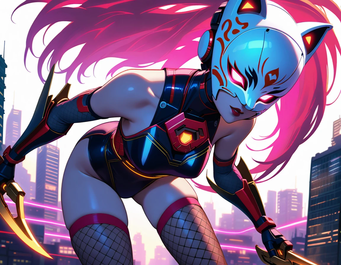 In a dystopian cyberpunk cityscape bathed in neon hues and moonlit shadows, a cyborg female ninja stands out as a stark silhouette. Her face is obscured by an ancient Inari fox mask, adorned with vibrant red lines on a white background, as she hurtles forward at breakneck speed. The wooden mask's intricate details seem to glow with a soft luminescence in the pale moonlight, while her lean, athletic physique appears to be propelled by some unseen force. Against the backdrop of towering skyscrapers, her dark red lips curve into a sly smile, as she strikes a sensual pose, donning a glimmering black leotard and fishnet stockings that seem to shimmer under the city's artificial light. Her long, sharp steel claws glint menacingly, poised to strike in this gritty urban landscape where technology meets primal instincts.