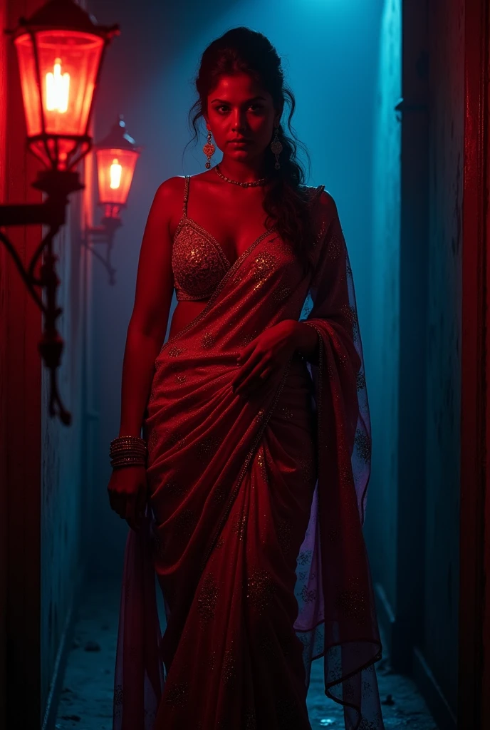 ( glowing eyes:1.5),Fortune telling hall,indian astrology,Looks like Aparna Dixit, full body Closeup shot, Big chubby aunty, milf, cougar lady witch, horny Gothic milf, 50 years old gorgeous mature lady, pervert demoness, demoness of lust, curvy, black lips, horny face, extremely gorgeous, thick figure, heavy physique, voluptuous, curvy, sexy figure, Fashionable portrait of androgynous alien looking witch wearing veil,( glowing eyes:1.5), futuristic design, minimal details, givenchy, photoreal, 200mm, hd, f/ 2.0, highly detailed, surreal, sexy beautiful evil woman, sexy bold sequin Saree with strapless Bra, chudail, Pishachini, horror genre, blood-thirsty enchantress, powerful female spirit, eerie, drop dead, in the style of red and blue, (intricate details, hyperdetailed:1.15) (skin texture:1.2), dark Moody tone, cinematic lighting, haunted place in background,
