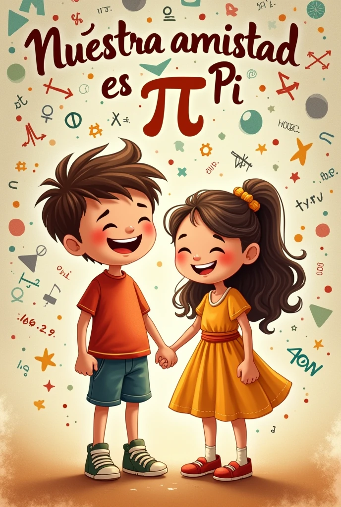 Image of boy and girl with background of mathematical signs and figures with PI and saying in Spanish"Our friendship is like Pi, irrational and endless, but full of meaning in every digit."