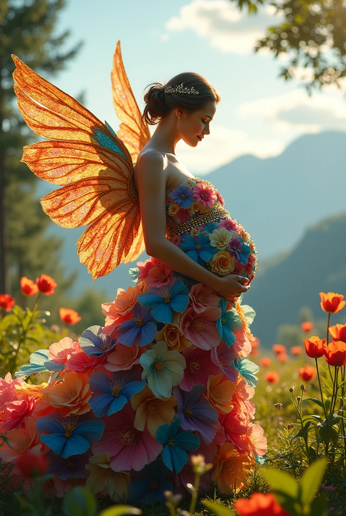 A pregnant woman with big breasts, wearing a dress made of flowers, under her feet and behind her is a forest of blooming flowers, with all kinds of flowers in many colors, each flower is blue, red, yellow, green, purple, with sunlight shining through the leaves, on the mountains in the distance are mountains with white clouds swirling around, wearing a gorgeous outfit, gorgeous dress, intricate dress, elegant fire dress, gorgeous and elegant, lavish dress, inspired by Hedi Xandt, gorgeous dress, intricate dress, gorgeous royal dress, gorgeous clothes, gorgeous dress, intricate and elegant, dress with intricate details, gorgeous, high heels, royal dress, detailed hands, Fire in the body, water on the dress, lightning element, fire element, lightning wings, full water, Transparent clothes, masterpiece, best quality: 1.2),, (8k, high resolution, RAW images, realistic, photorealistic: 1.3), (detailed skin texture, detailed cloth texture, detailed water, detailed trees, detailed textured flowers, detailed leaves, detailed colors, beautifully detailed faces: 1.25), professional lighting, photon mapping, beautiful soft lighting, brightness, physically based rendering, ray tracing, model shooting style, model shooting style, (Unity's super detailed 8k CG backgrounds), the world's most beautiful full body artwork,