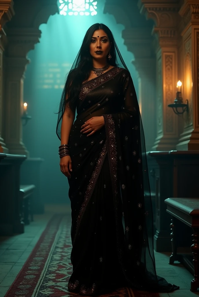 indian astrology,Looks like Aparna Dixit, full body Closeup shot, Big chubby aunty, milf, cougar lady witch, horny Gothic milf, 50 years old gorgeous mature lady, pervert demoness, demoness of lust, curvy, black lips, horny face, extremely gorgeous, thick figure, heavy physique, voluptuous, curvy, sexy figure, Fashionable portrait of androgynous alien looking witch wearing veil, glowing eyes, futuristic design, minimal details, givenchy, photoreal, 200mm, hd, f/ 2.0, highly detailed, surreal, sexy beautiful evil woman, sexy bold sequin Saree with strapless Bra, chudail, Pishachini, horror genre, blood-thirsty enchantress, powerful female spirit, eerie, drop dead, in the style of red and blue, (intricate details, hyperdetailed:1.15) (skin texture:1.2), dark Moody tone, cinematic lighting, haunted place in background, Fortune telling hall