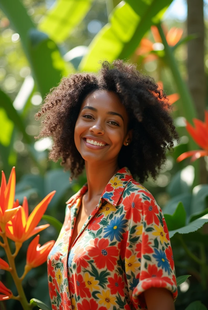 A Brazilian woman in a lush tropical garden, wearing an open shirt with a floral print, with a close-up capturing the harmonious beauty between her breasts and the natural flowers, showing off your natural charm and outgoing personality.