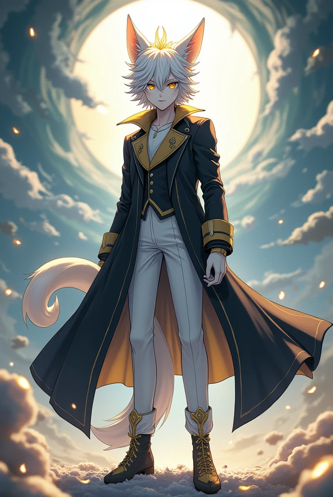 Tall, attractive anime boy,White fur with silver,pale skin, yellow eyes, yellow light diadema,black coat, white pants, White boots with yellow,white gloves
