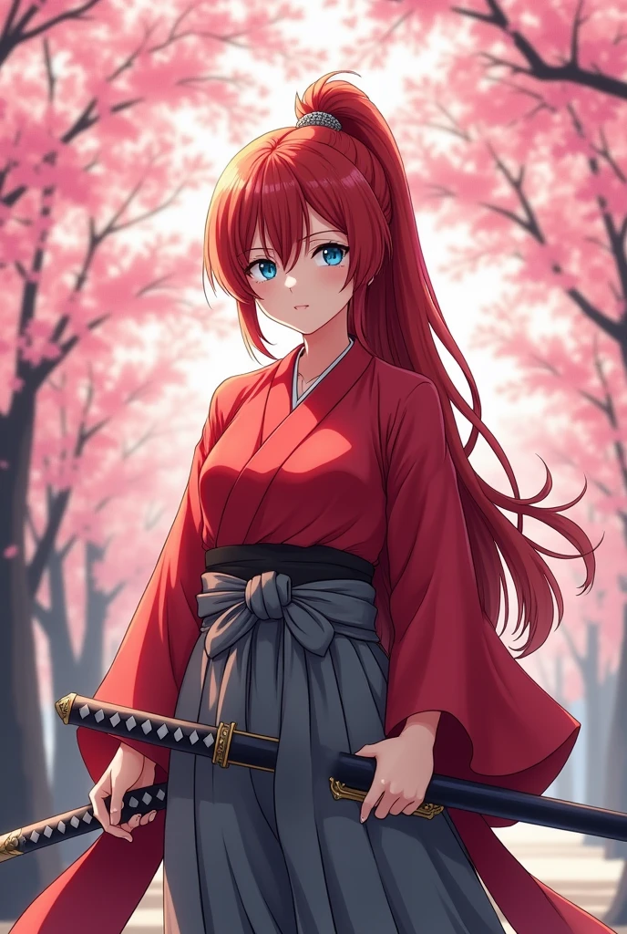 Anime Kimono Japanese woman Blue eyes Red hair Long hair Ponytail Gray hakama Scarlet clothing Japanese sword on left hip Big breasts Big butt Slight emphasis on breasts and butt Sharp eyes