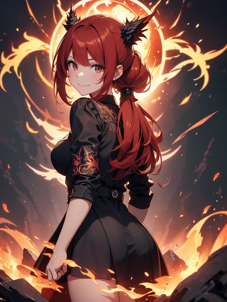 (((best quality, sharp image, clear image, cinematic lighting, 8k resolution, masterpiece, ultra detailed, intricate))) Girl, (((looking over left shoulder))), (shot from behind), ((shot from hip up)), fiery red hair, pigtails, ((black dress)), ((flaming sigils, flaming runes)), spiky rock formations, (flaming lotus flowers frame), (intricate background), ((Phoenix)), (swirling flames), smiling