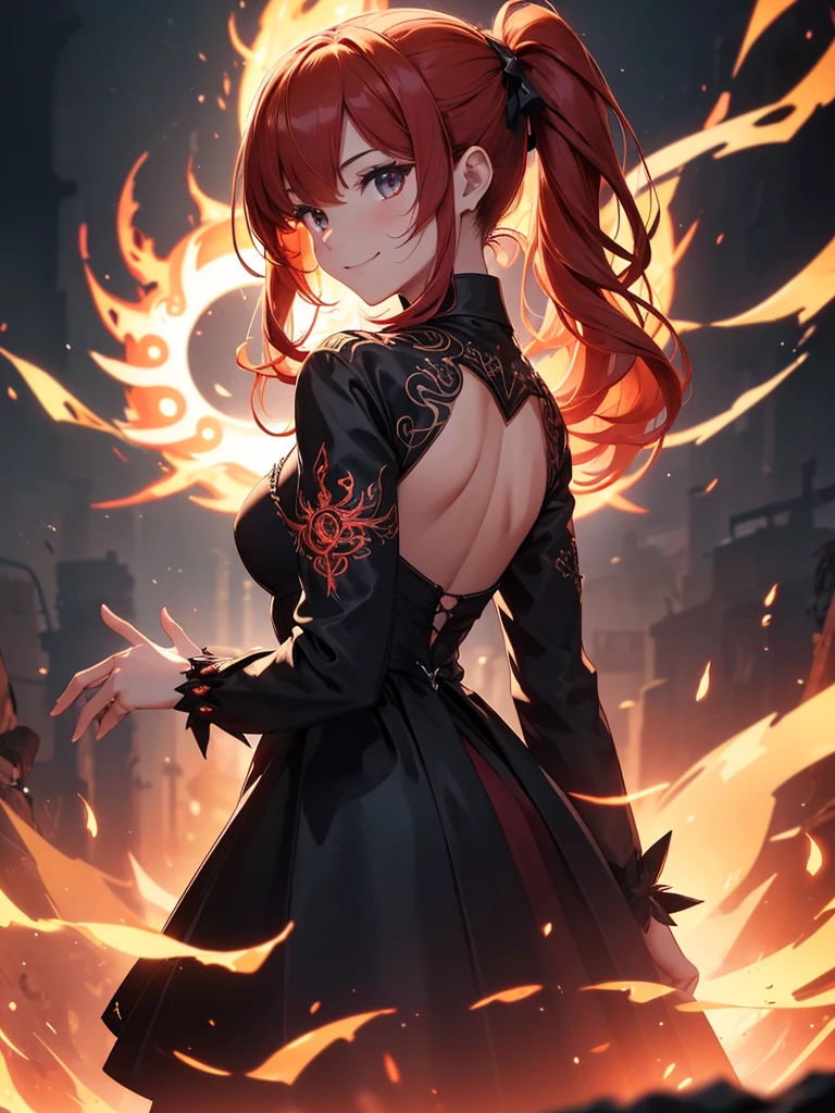 (((best quality, sharp image, clear image, cinematic lighting, 8k resolution, masterpiece, ultra detailed, intricate))) Girl, (((looking over left shoulder))), (shot from behind), ((shot from hip up)), fiery red hair, pigtails, ((black dress)), ((flaming sigils, flaming runes)), spiky rock formations, (flaming lotus flowers frame), (intricate background), ((Phoenix)), (swirling flames), smiling