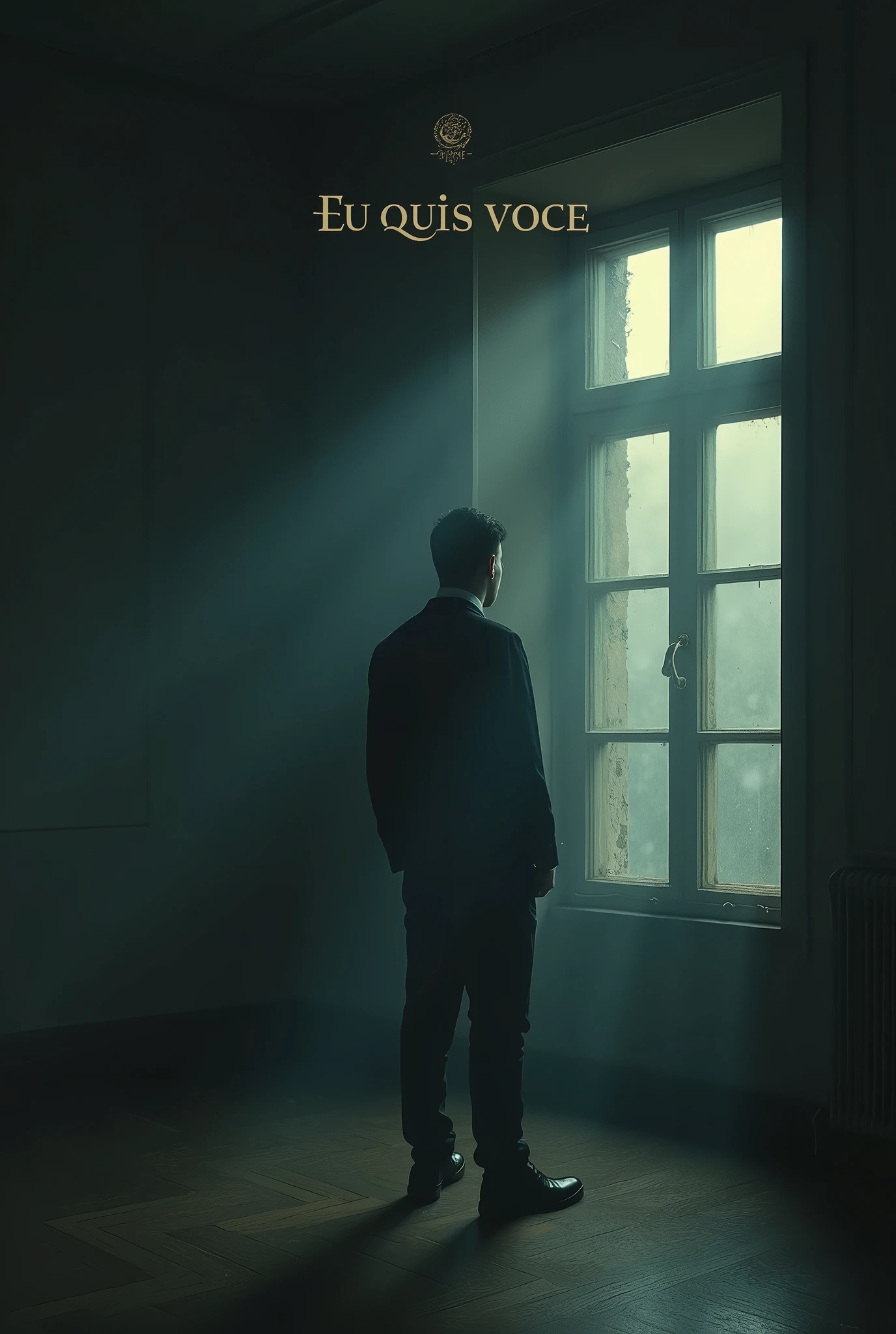 Create a melancholic and introspective album cover for the song 'EU QUIS VOCE.' The title 'EU QUIS VOCE' must be prominently displayed on the image in a sophisticated, elegant font that blends seamlessly with the overall aesthetic but remains clearly visible.

The scene should depict a dimly lit room with a man standing near a large window or mirror, his back to the viewer, creating a sense of distance and introspection. The lighting should be soft, casting long shadows that add depth and a sense of mystery to the scene.

In the reflection of the window or mirror, the man’s face should be slightly blurred, symbolizing the duality of his actions and the hidden truths within him. The color palette should be a mix of deep blues, muted grays, and warm amber tones, creating a somber and reflective mood. Ensure that the text 'EU QUIS VOCE' is clearly visible and integrated into the design.