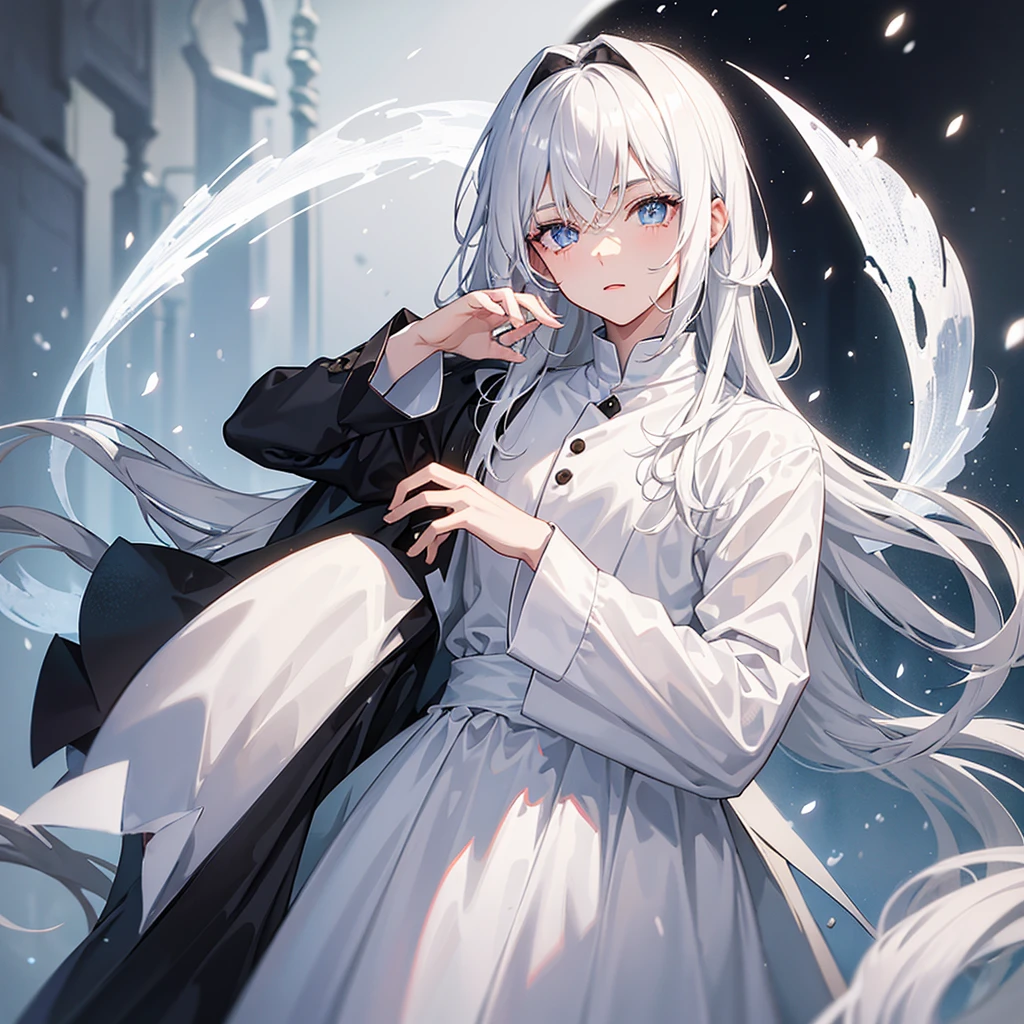 A young man with snow-white hair and a few black streaks in it,unique colored eyes,an amazing beauty