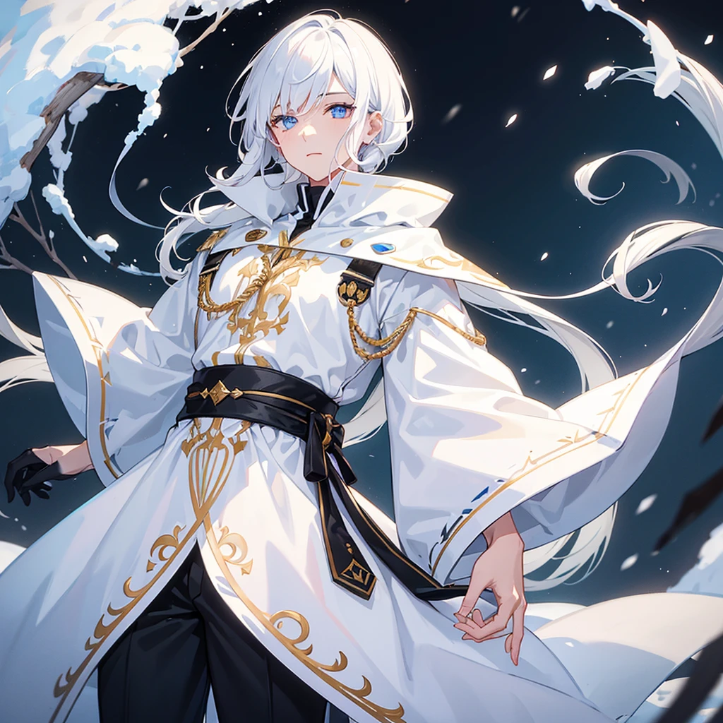 A young man with snow-white hair and a few black streaks in it,unique colored eyes,an amazing beauty