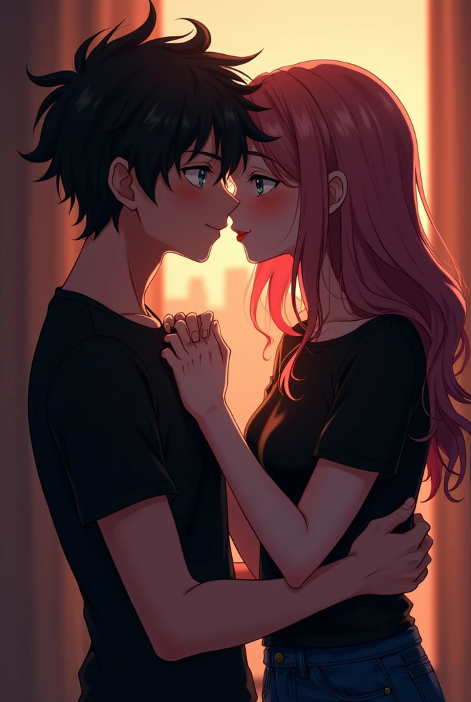 "Create a detailed full body anime-style image of a 21-year-old anime boy and a girl, both wearing black t-shirts, sharing a passionate kiss in a dimly lit room. The boy, with a playful laugh, rapidly pulls the girl closer, conveying his desire while keeping the moment tender and affectionate, and the girl biting his lips with his teeth. The atmosphere is dark and intimate, with soft shadows enhancing the romantic and playful vibe of the scene, capturing the blend of affection and mischief between them."