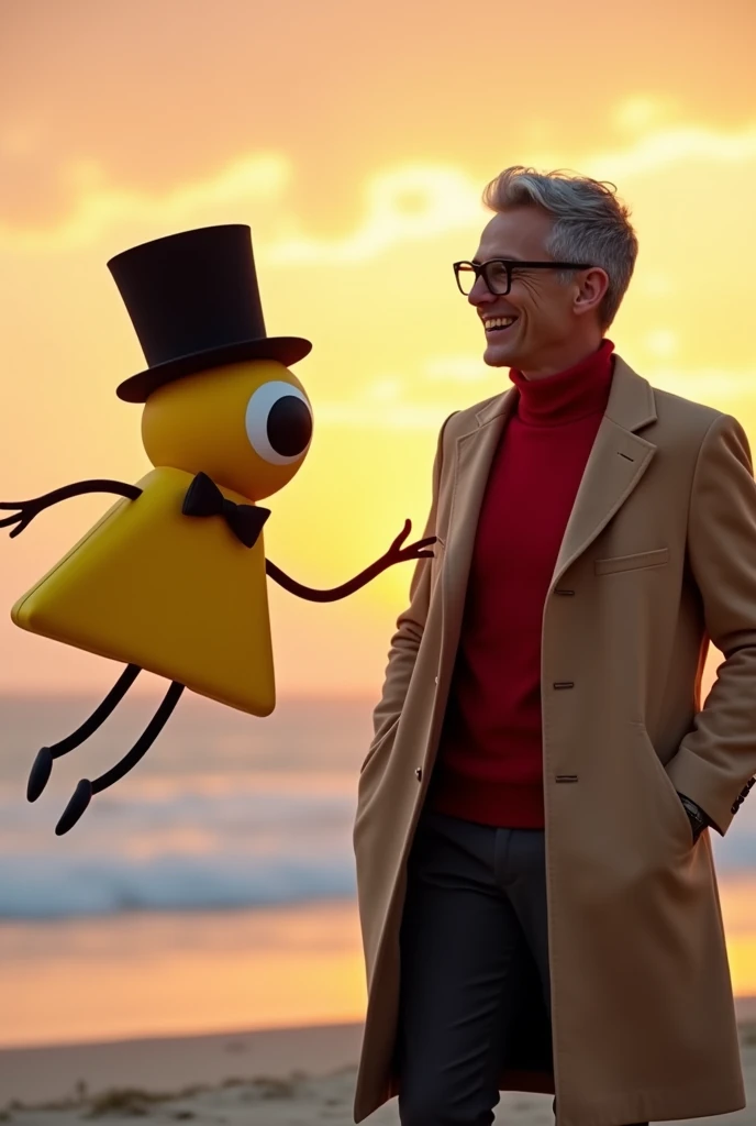 a realistic image of a floating Two-dimensional  yellow triangle with a giant eye with a black iris , that eye is in the middle of his body, This character does not have a mouth, but it does have two thin arms and two legs like spaghetti that are black, The triangle is wearing a long black top hat and A black bow tie under his eye. This character will be receiving a smile Near His Face  from a  handsome man with gray hair, black plastic glasses, a kind of red turtleneck, and dark pants, Over the red turtleneck sweater, he is wearing a Beige overcoat .The background will be a sunset on the beach. The main characters will be centered in the image very close to the camera. 