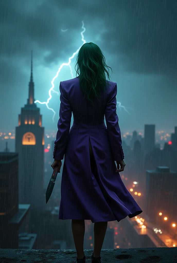 Imagine a scene where this female Joker, standing at the edge of a dark, rain-soaked Gotham City rooftop, surveys the chaotic streets below. The night is alive with the sounds of sirens, distant gunshots, and the low rumble of thunder. The city, usually her playground of chaos, now feels like it's holding its breath, waiting for her next move. She's just finished a twisted game of cat-and-mouse with Gotham's elite, leaving a trail of destruction and confusion in her wake. Her purple suit jacket flutters slightly in the wind, revealing glimpses of the toned body beneath, accentuated by the barely-there bikini bottom. Despite the madness in her eyes, there’s a calculated sharpness to her every move. She tilts her head back, letting the rain wash over her, smudging the heavy makeup even more, making her look like a beautiful specter, a vision of twisted perfection. The smeared red smile on her lips, the dark eyes that seem to bore into the soul of anyone who dares meet her gaze—she is the embodiment of chaos wrapped in an irresistible package. Her next target? An unsuspecting billionaire attending a high-society gala across town, who has no idea that his fortune will soon fuel her next grand scheme. She knows her appearance alone will grant her entry; after all, no one ever suspects the beautiful ones. She pulls out a small, jagged knife from her jacket pocket, twirling it in her fingers with ease. The blade catches a flash of lightning, reflecting the gleam in her eyes. With a final glance at the city she owns through fear, she whispers to herself, "Let's put a smile on that face." In an instant, she disappears into the shadows, her laughter echoing through the night—a sound that’s as beautiful as it is terrifying, promising Gotham a night it won’t soon forget.