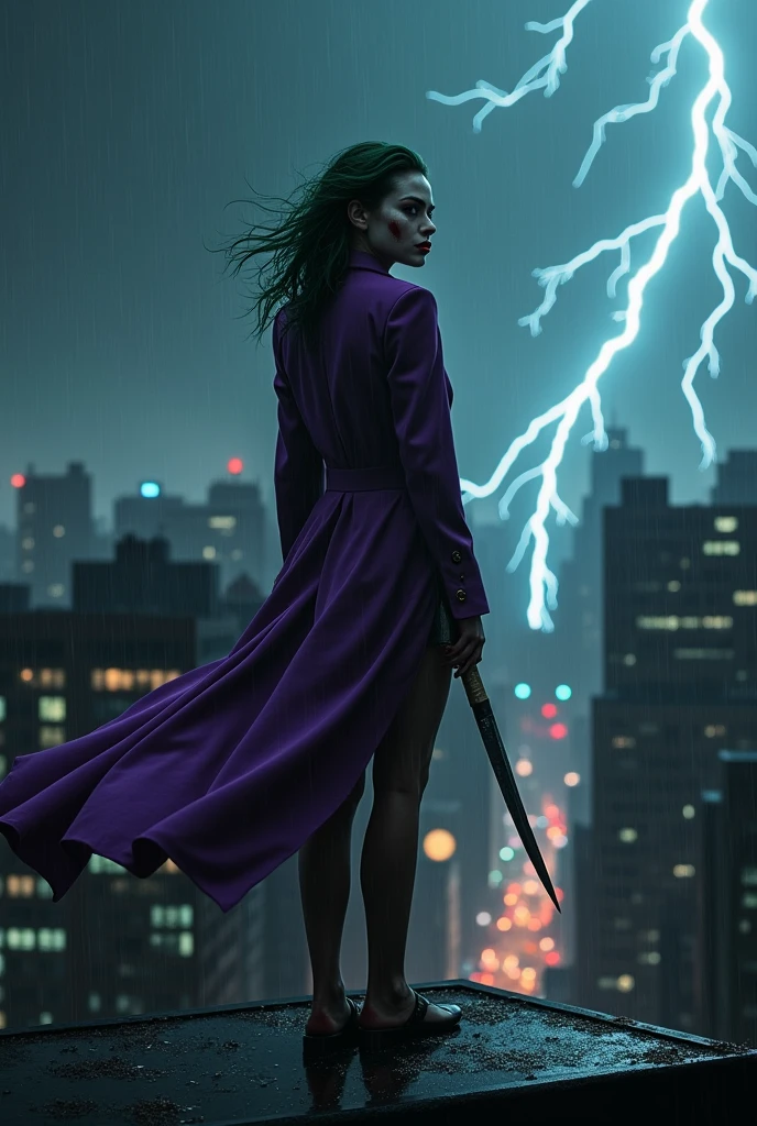 Imagine a scene where this female Joker, standing at the edge of a dark, rain-soaked Gotham City rooftop, surveys the chaotic streets below. The night is alive with the sounds of sirens, distant gunshots, and the low rumble of thunder. The city, usually her playground of chaos, now feels like it's holding its breath, waiting for her next move. She's just finished a twisted game of cat-and-mouse with Gotham's elite, leaving a trail of destruction and confusion in her wake. Her purple suit jacket flutters slightly in the wind, revealing glimpses of the toned body beneath, accentuated by the barely-there bikini bottom. Despite the madness in her eyes, there’s a calculated sharpness to her every move. She tilts her head back, letting the rain wash over her, smudging the heavy makeup even more, making her look like a beautiful specter, a vision of twisted perfection. The smeared red smile on her lips, the dark eyes that seem to bore into the soul of anyone who dares meet her gaze—she is the embodiment of chaos wrapped in an irresistible package. Her next target? An unsuspecting billionaire attending a high-society gala across town, who has no idea that his fortune will soon fuel her next grand scheme. She knows her appearance alone will grant her entry; after all, no one ever suspects the beautiful ones. She pulls out a small, jagged knife from her jacket pocket, twirling it in her fingers with ease. The blade catches a flash of lightning, reflecting the gleam in her eyes. With a final glance at the city she owns through fear, she whispers to herself, "Let's put a smile on that face." In an instant, she disappears into the shadows, her laughter echoing through the night—a sound that’s as beautiful as it is terrifying, promising Gotham a night it won’t soon forget.