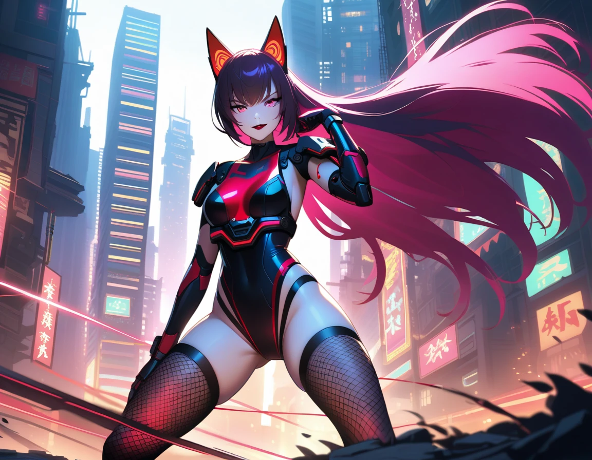 In a dystopian cyberpunk cityscape bathed in neon hues and moonlit shadows, a cyborg female ninja stands out as a stark silhouette. Her face is obscured by an ancient Inari fox mask, adorned with vibrant red lines on a white background, as she hurtles forward at breakneck speed. The wooden mask's intricate details seem to glow with a soft luminescence in the pale moonlight, while her lean, athletic physique appears to be propelled by some unseen force. The city's towering skyscrapers loom behind her, a testament to humanity's fleeting grasp on innovation and progress. A sensual profile with a crazy smile on her dark red lips., masterpiece, incredibly absurd resolution, absolutely resolution, ultra high resolution, 