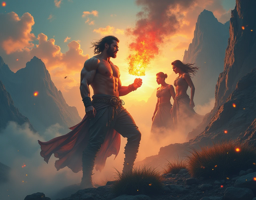 A determined man holding a glowing fragment of a mystical flame, surrounded by ethereal images of two other male heroes. The background shows epic landscapes and parallel dimensions with a dynamic and transitional sky.