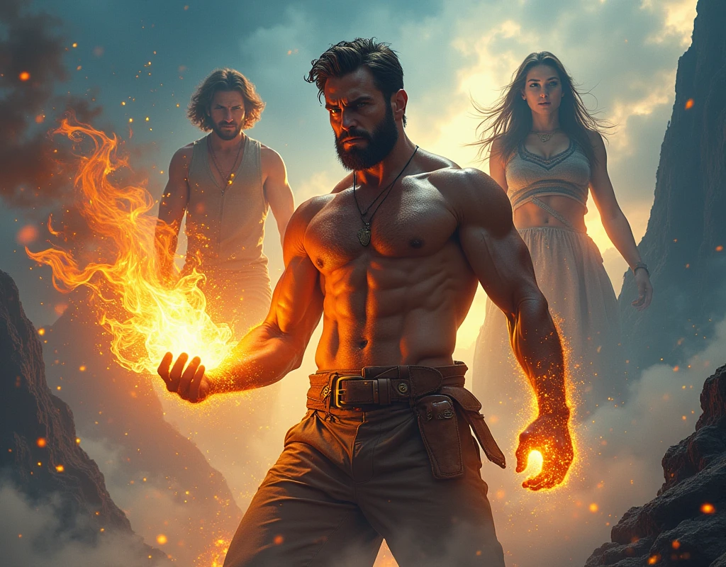 A determined man holding a glowing fragment of a mystical flame, surrounded by ethereal images of two other male heroes. The background shows epic landscapes and parallel dimensions with a dynamic and transitional sky.
