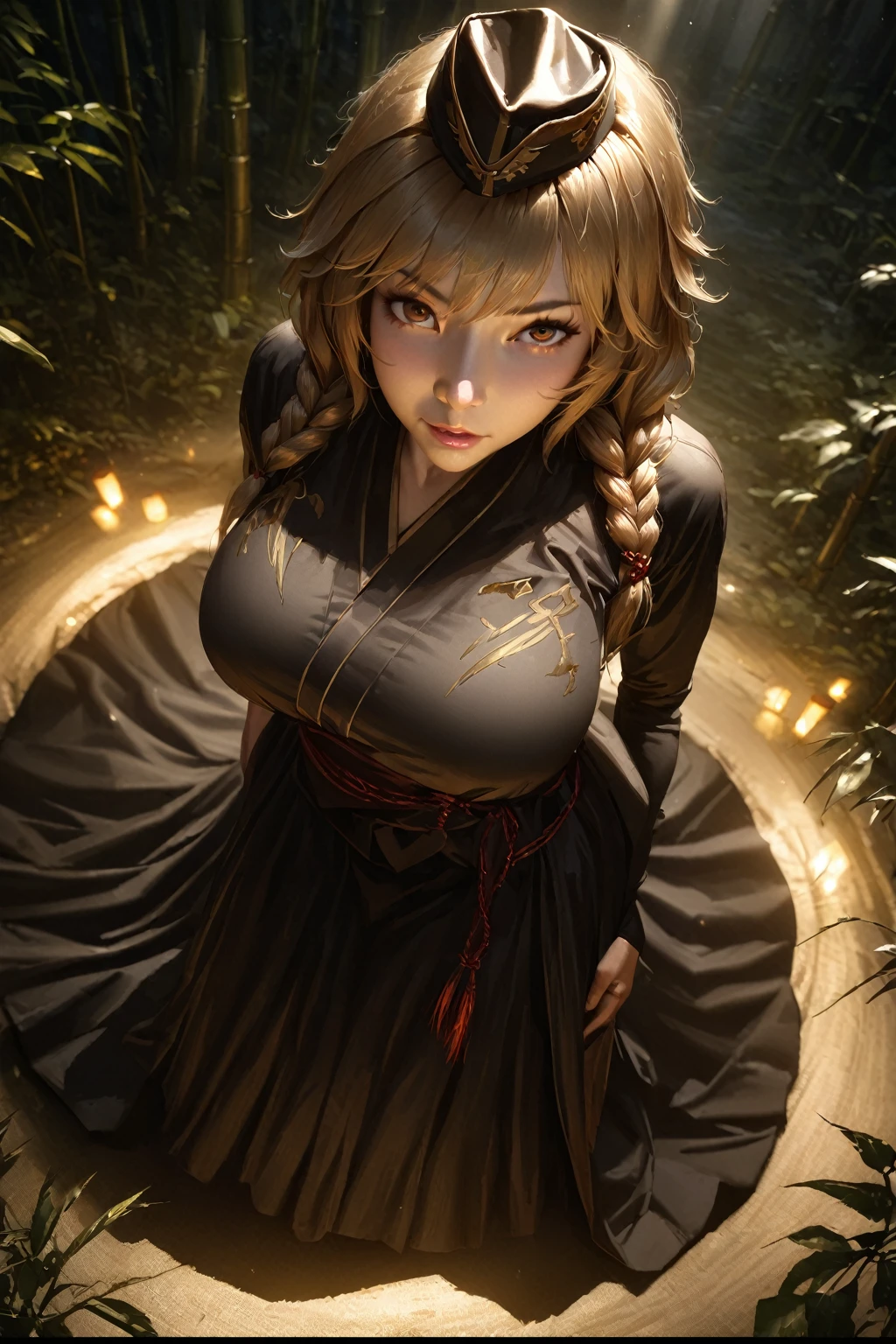 (masterpiece, best quality:1.3), (from above:1.3), Touhou Series, perfect face, expressive eyes, 1woman, looking at viewer, 38 years old, gorgeous body, big breast, beautiful, anime, lora,1woman, gold hair, braid hair, army cap, red and black clothes, long skirt, (cinematic lighting, realistic, dream-like, enchanting atmosphere:1.5), (an old japanese mansion with moonlight leaking, in bamboo forest, midnight, big full moon:1.3)