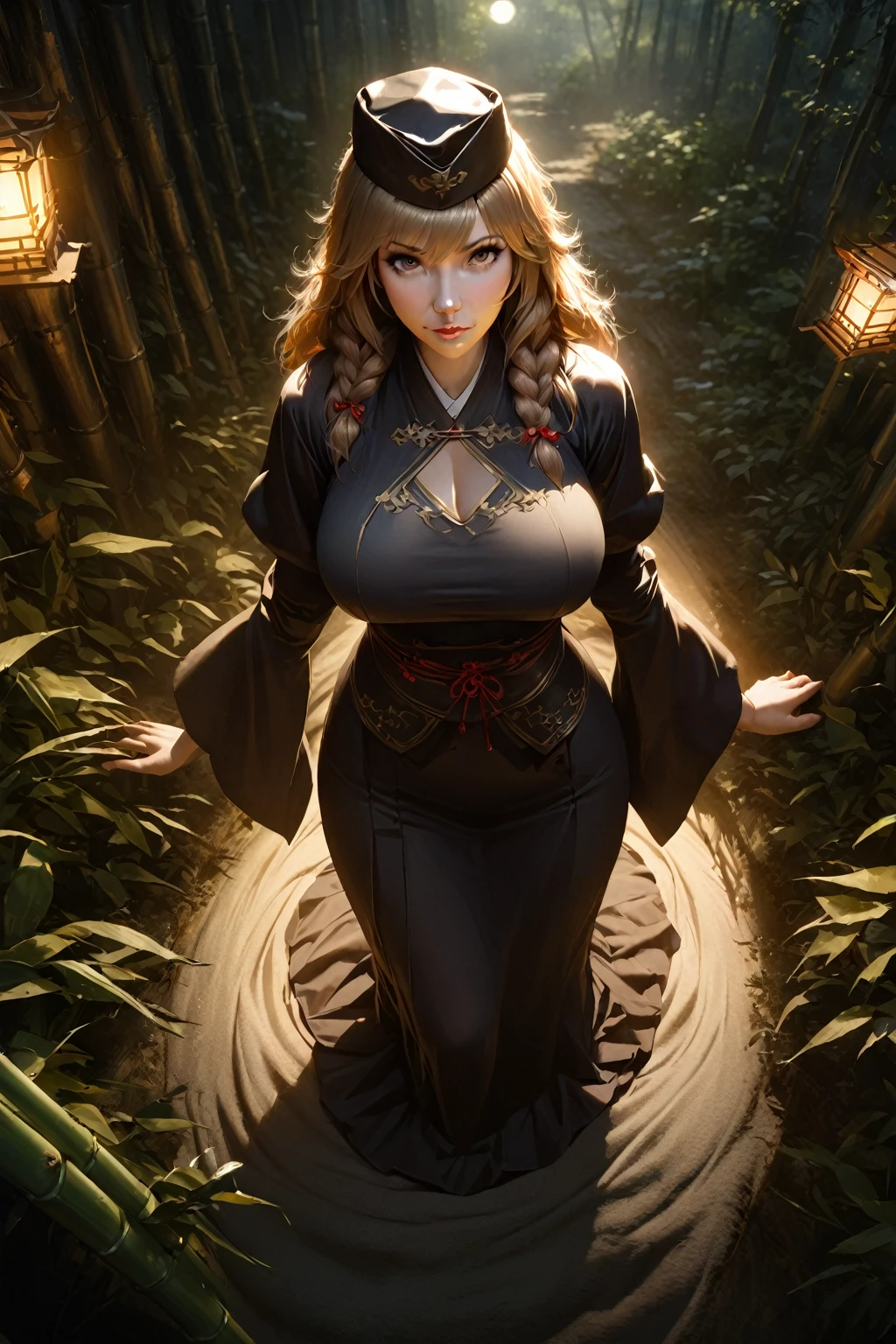 (masterpiece, best quality:1.3), (from above:1.3), Touhou Series, perfect face, expressive eyes, 1woman, looking at viewer, 38 years old, gorgeous body, big breast, beautiful, anime, lora,1woman, gold hair, braid hair, army cap, red and black clothes, long skirt, (cinematic lighting, realistic, dream-like, enchanting atmosphere:1.5), （an old japanese mansion with moonlight leaking, in bamboo forest, midnight, big full moon:1.3）