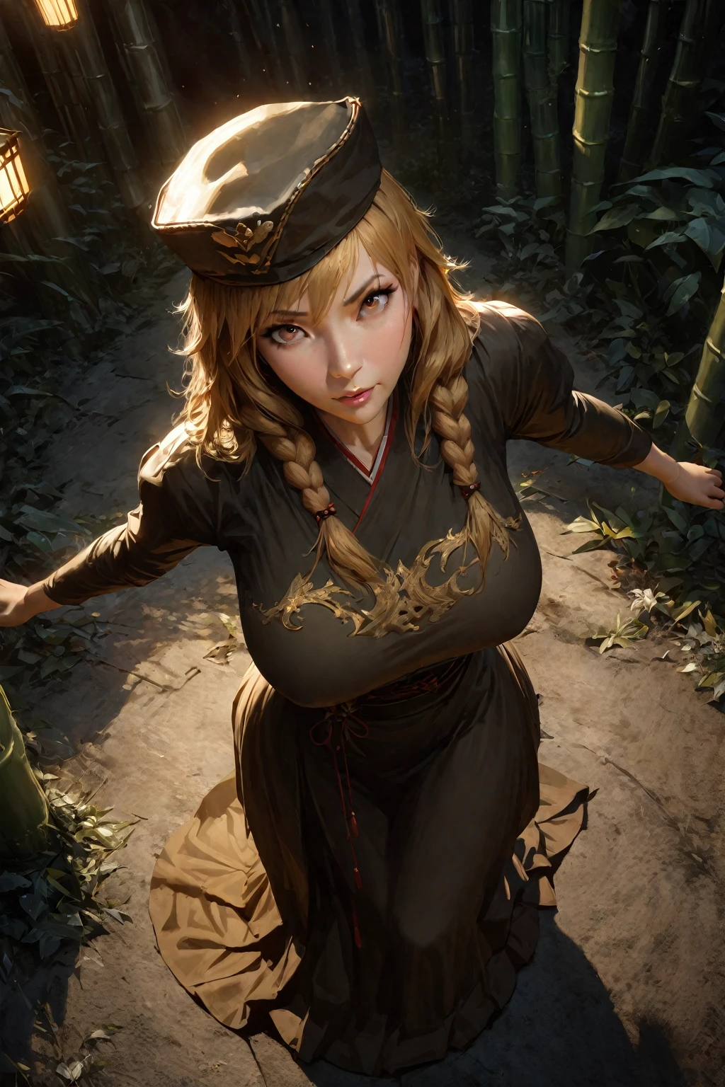 (masterpiece, best quality:1.3), (from above:1.3), Touhou Series, perfect face, expressive eyes, 1woman, looking at viewer, 38 years old, gorgeous body, big breast, beautiful, anime, lora,1woman, gold hair, braid hair, army cap, red and black clothes, long skirt, (cinematic lighting, realistic, dream-like, enchanting atmosphere:1.5), (an old japanese mansion with moonlight leaking, in bamboo forest, midnight, big full moon:1.3)