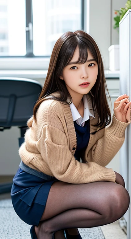 Top quality, masterpiece, High resolution, (whole body), front, frontComposition from slightly below, Symmetric, 18-year-old girl, alone, (whole body from head to toe), Small breasts, Brown Hair, slightly Messy Hair, bangs, (black tights), ( (Black Pantyhose), Black Pantyhose, composition Show me your white panties, slender beautiful feet, Very beautiful 18-year-old girl (Navy high heels) feet), blush, Shy big eyes, Messy Hair, looking at the camera, Show me your white panties, Hide your arms behind your back, Dark blue office lady uniform, Dark blue pencil skirt, Navy Blue Vest, Beige cardigan