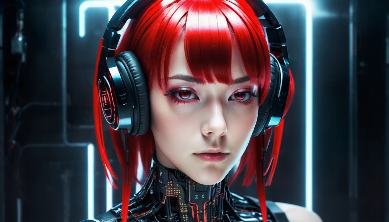 dark techno,cyberpunk,front (frontのみ), semi-transparent and airy machine,Futuristic angel girl face,Red and black mid-hair, Machine connection technology girl face,With headphones ,Futuristic matrix code black background