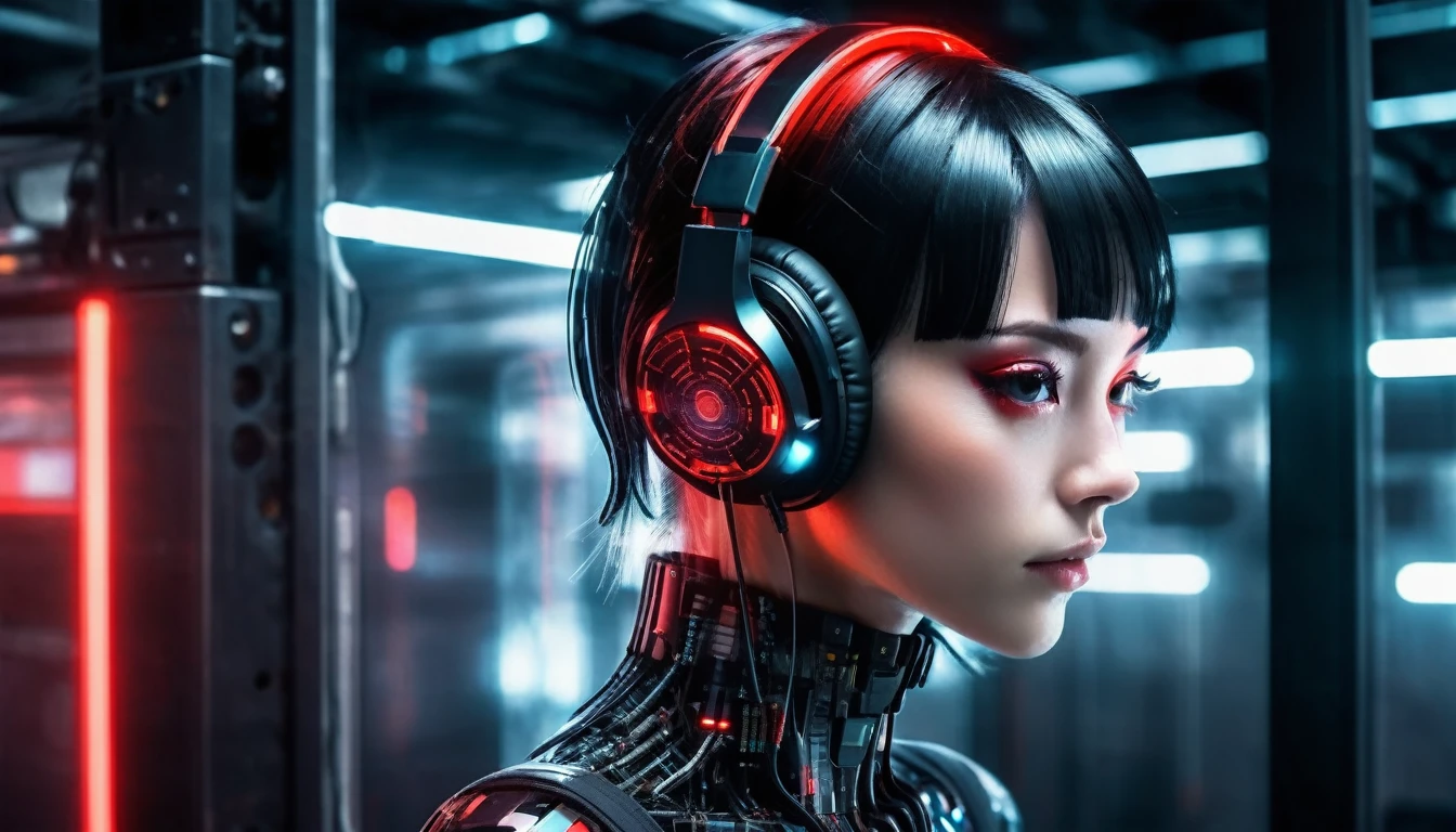 dark techno,cyberpunk,front (frontのみ), semi-transparent and airy machine,Futuristic angel girl face,Red and black mid-hair, Machine connection technology girl face,With headphones ,Futuristic matrix code black background