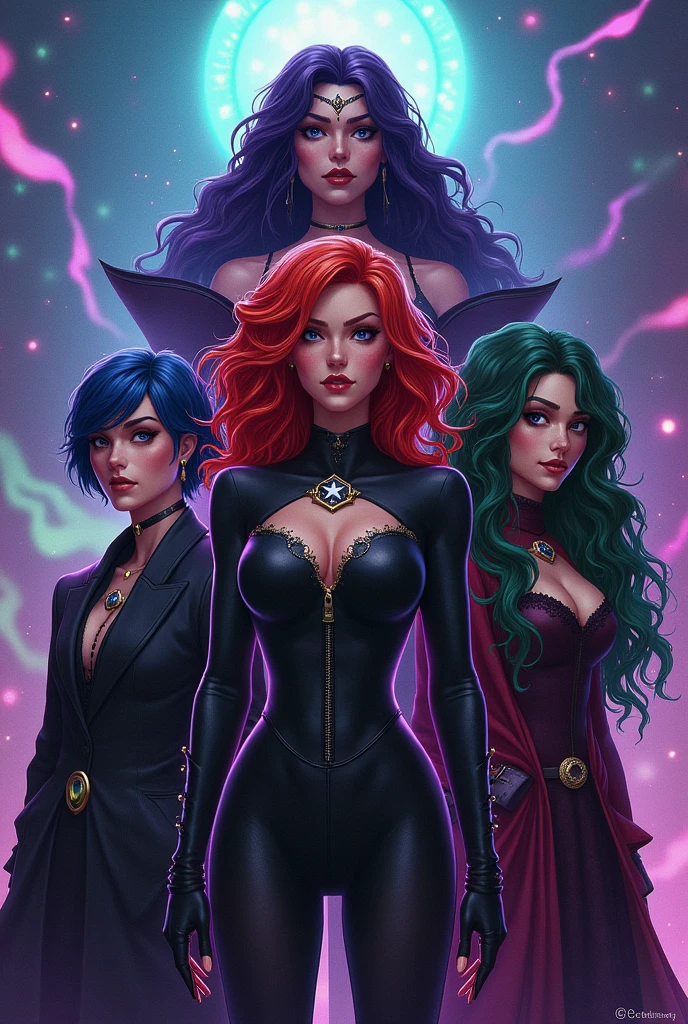 Group of heroines, the leader has short blue-black hair with a sexy outfit with a star in the middle of the outfit, Your long-haired red-haired partner in gothic clothing, another witch with long curly straight green hair in witch outfit, another with powers to open portals, big purple black power hair, the tallest of the group, 80s disco clothes
