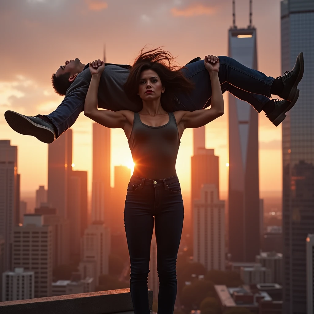 Teenage Kristin Kreuk as Lana Lang lifting a large man high above her head with her strong arms. Photorealistic. Wide angle. City skyline in the background.