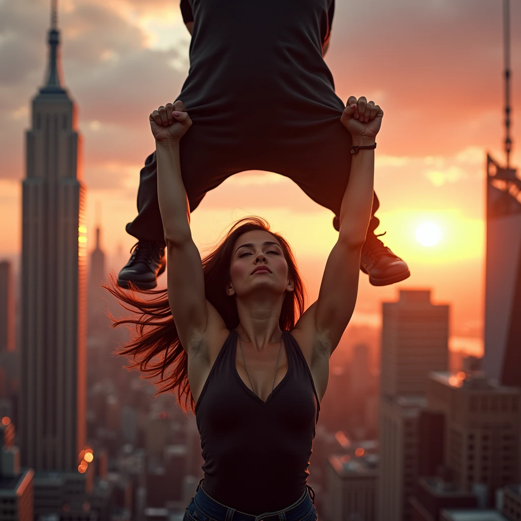 Kristin Kreuk as Lana Lang lifting a large man high above her head with her strong arms. Photorealistic. Wide angle. City skyline in the background.