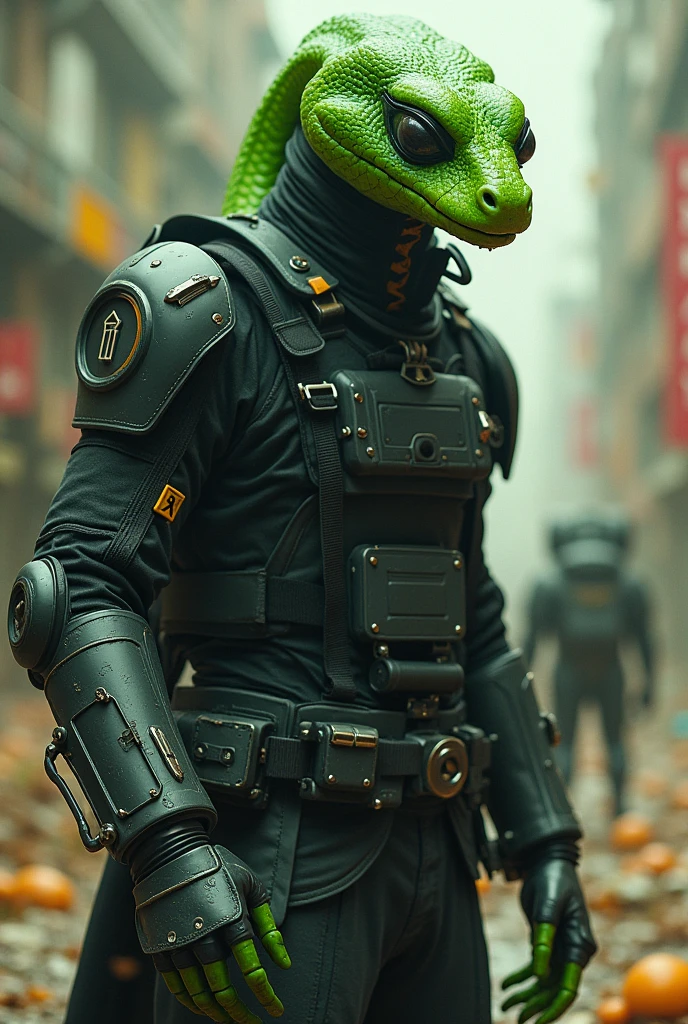 A green snake with arms and legs and a human body in a black jacket with a blindfold on the right eye, along with all space weapons and armor in iran with jet pack and fly and kill cameraman in skibidi toilet 