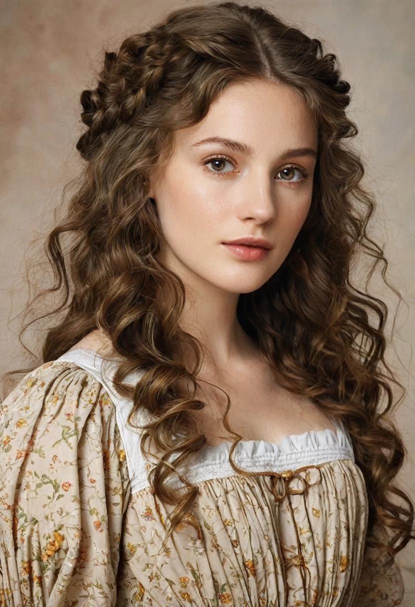 Create a woman with a white skin back., with light brown eyes, wearing a peasant dress, Long, wavy hair