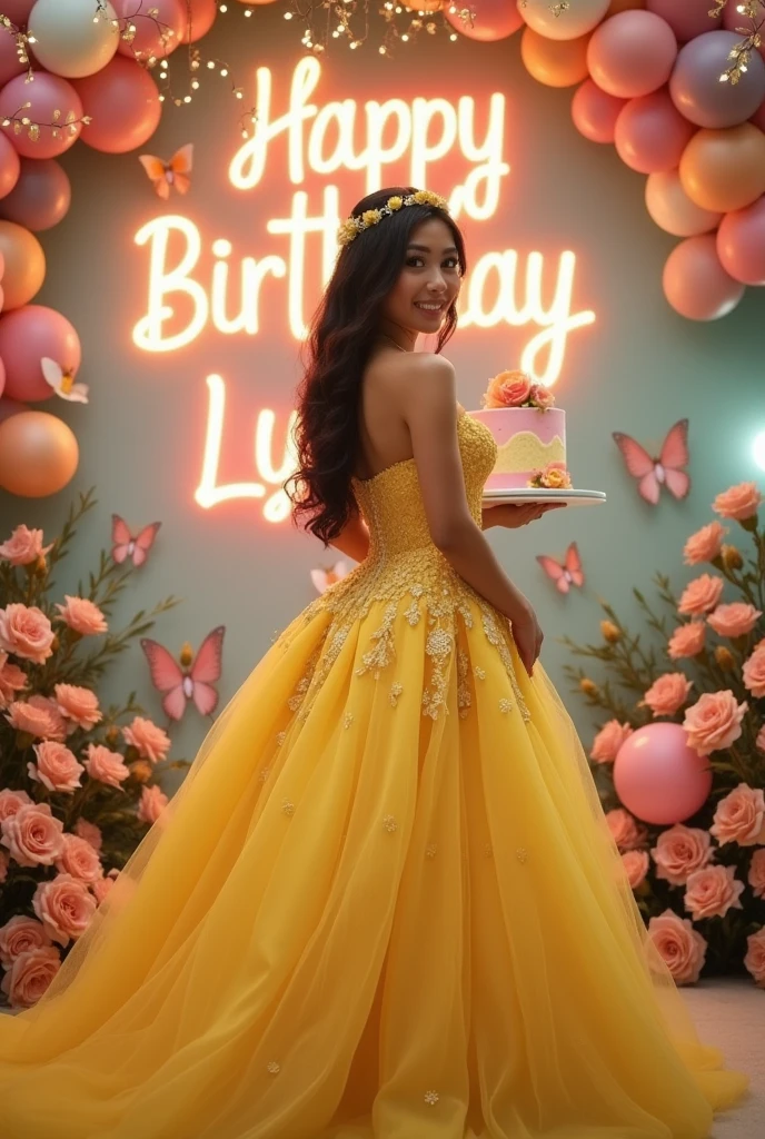 Real one pinay women beautiful with ballgown yellow with name wall background "Happy 18 Birthday Lyn"with flowers baloons butterflies rose cake