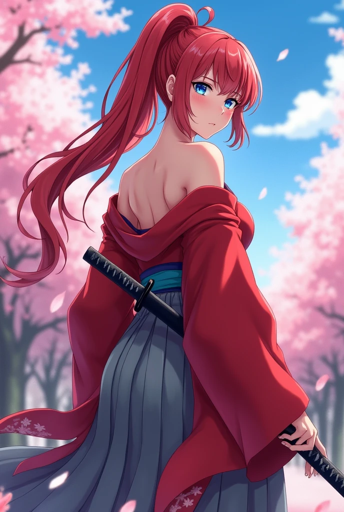 Anime, Japanese woman in a kimono, with blue eyes, red hair, long hair in a ponytail, grey hakama, scarlet clothing, a Japanese sword on her left hip, large breasts, and a large backside, with a slight emphasis on her breasts and backside.