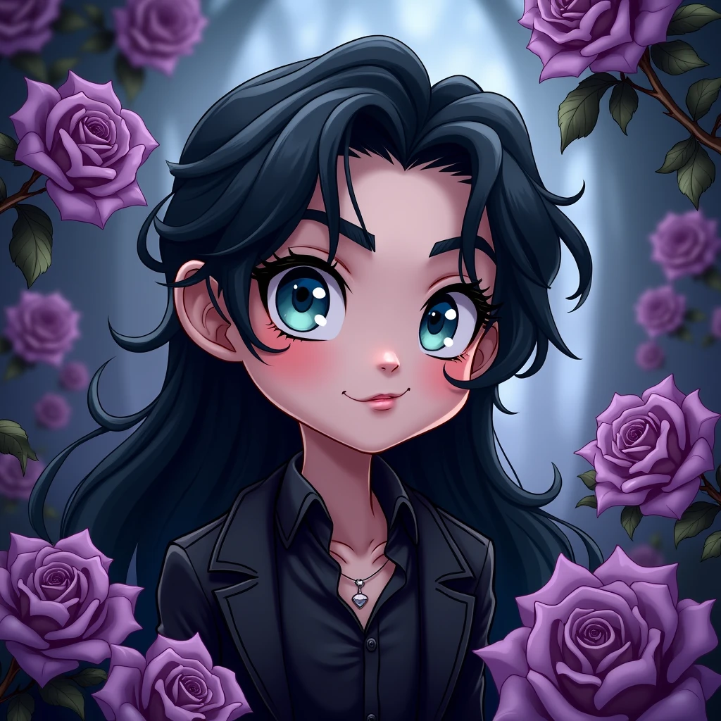 Male, sexy, long black hair, teal blue eyes, young, gothic, delicate features, no facial hair, no body hair, seductive, white and pale. Roses. Purple and black.. Long eyelashes. No facial hair. Man. Male. Smirking. No body or facial hair. Young male. Cute. Cartoon style. Male.