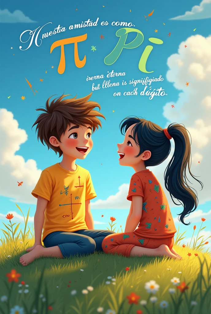 Image of a boy and girl with a mathematical background featuring the pi symbol, saying the following text in Spanish"Our friendship is like Pi, irrational and endless, but full of meaning in every digit."