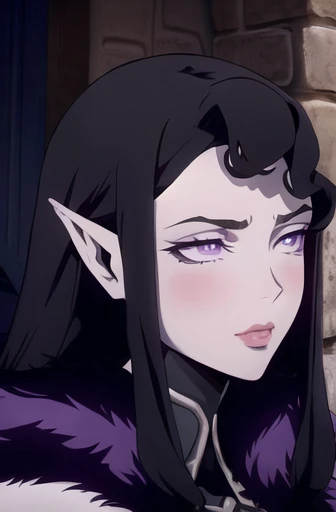 Castlevania style, 1 girl, Alone, violet eyes, by the wide, blush, black hair, Lips, parody, leather trim, pointy ears, black fur, looking to the side, looking away, ((masterpiece))