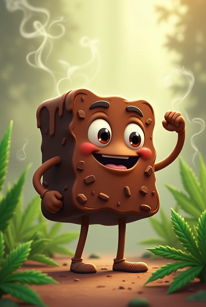 Animated brownie with marijuana leaves around it and a smoky background with friendly but not cute legs and arms.