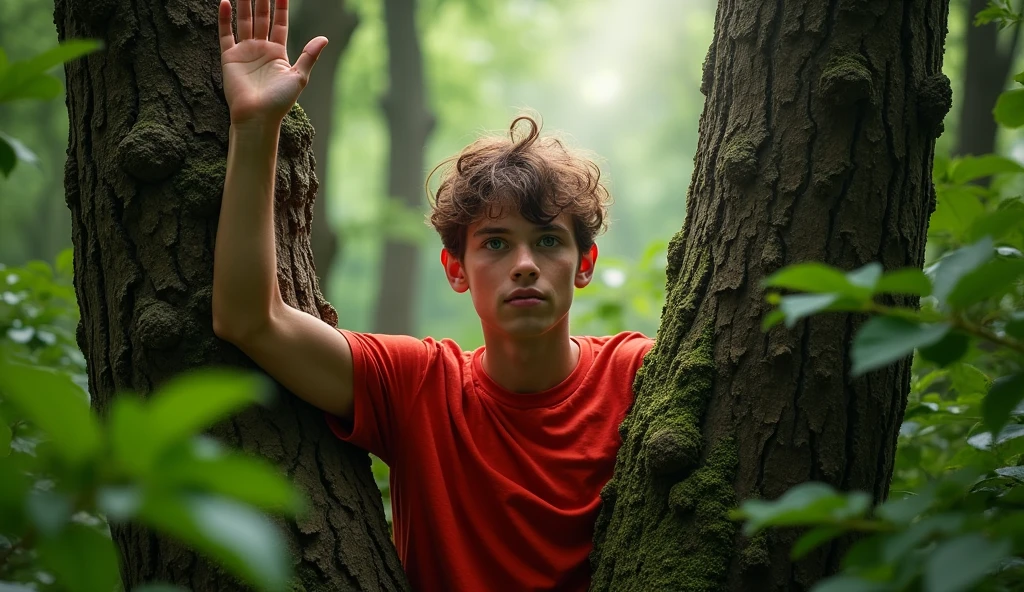 A young man wearing a red T-shirt is stuck between two walls in the middle of a forest and waves his hand to save him. White light falls on the character and the image as a whole.