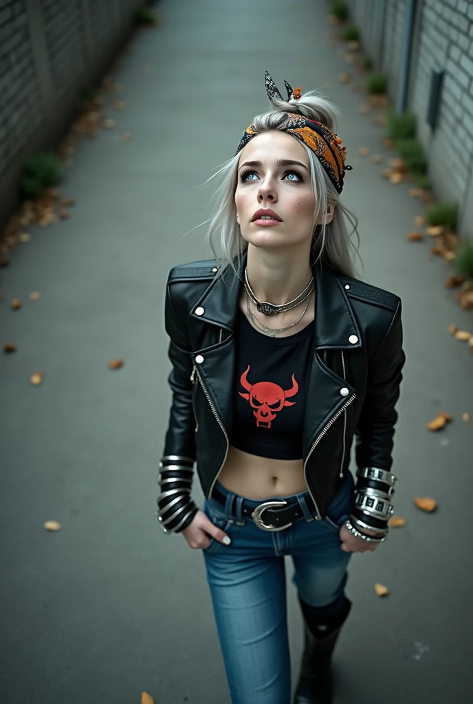 russian milf woman, biker gang member, grey hair (top bun) with bandana headband, with very light blue eyes, extremely pale, heavy eye shadows. Thin. Sad, humbled face, smeared excessive make up and smeared lipstick Wearing black moto jacket, cropped t-shirt with devil logo, skinny blue jeans and black cowboy boots . Lots of metallic bracelets. Tacky thin leather belts superimposed . One hand in her neck, the other in one pocket. Lots of rings. Wide loop earrings. Looks up with amazement like talking to God, mouth and eyes open. Bites her lip and opens her eyes wide