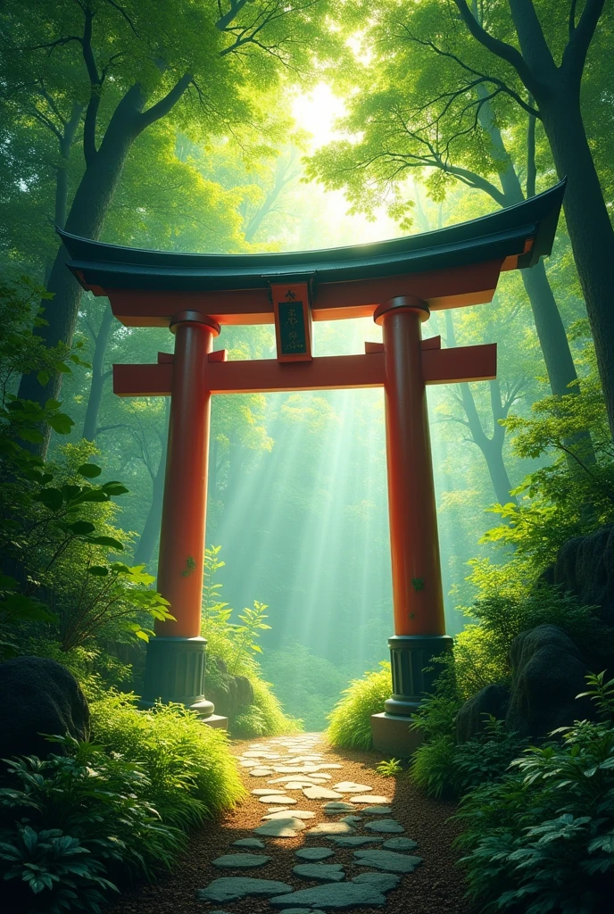 There is a torii gate in a green forest.、 Sparkling