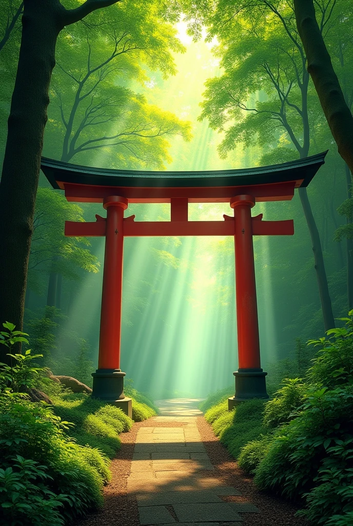 There is a torii gate in a green forest.、 Sparkling