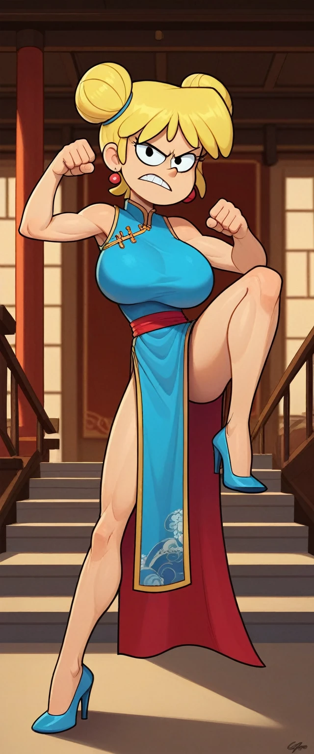 lori loud, 1girl, solo, 24yo girl, huge breasts, blue cheongsam,  inside of a chinese style temple,  looking at viewer, blonde hair, short hair, two hair buns , hands  score_9, score_8_up, score_7_up, high heels,teep fighting stance,martial arts, staris behind her, guarding the stairs