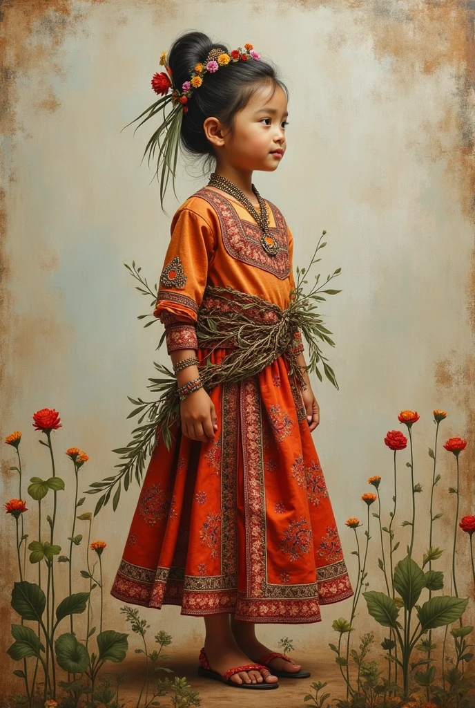 In the style of Nicoletta Ceccoli
 A whimsical Indonesia girl,wearing traditional Indonesia attire,decorated with bronze wire with Indonesia elements,mottled background.minimalist,oil painting.