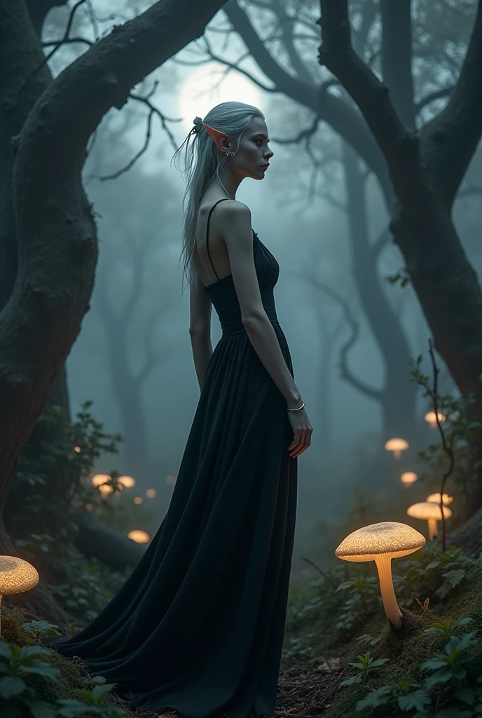 Gray elf wearing a black dress . 