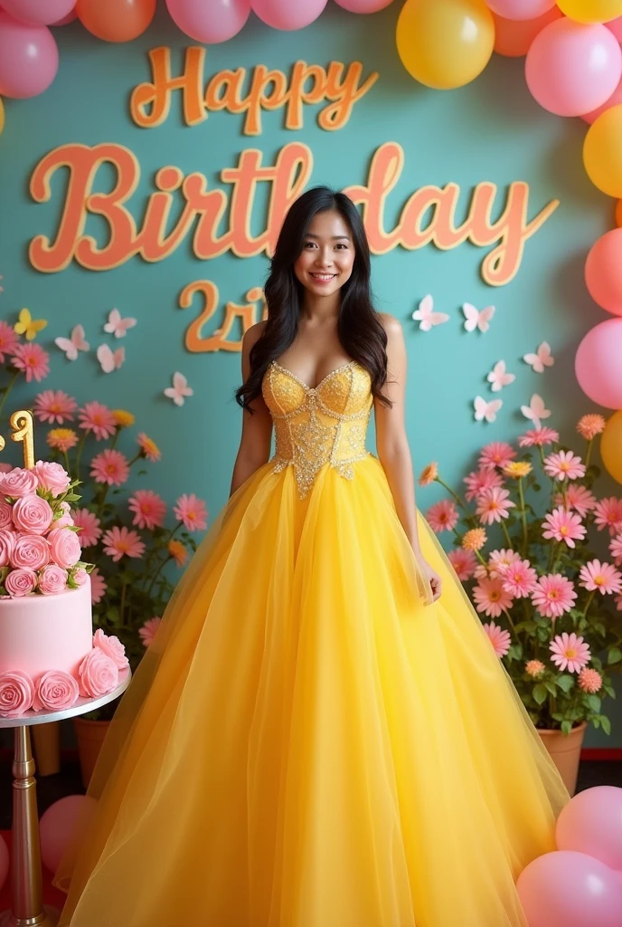Real one pinay women beautiful with ballgown yellow with name wall background "Happy 18 Birthday Lyn"with flowers baloons butterflies rose cake