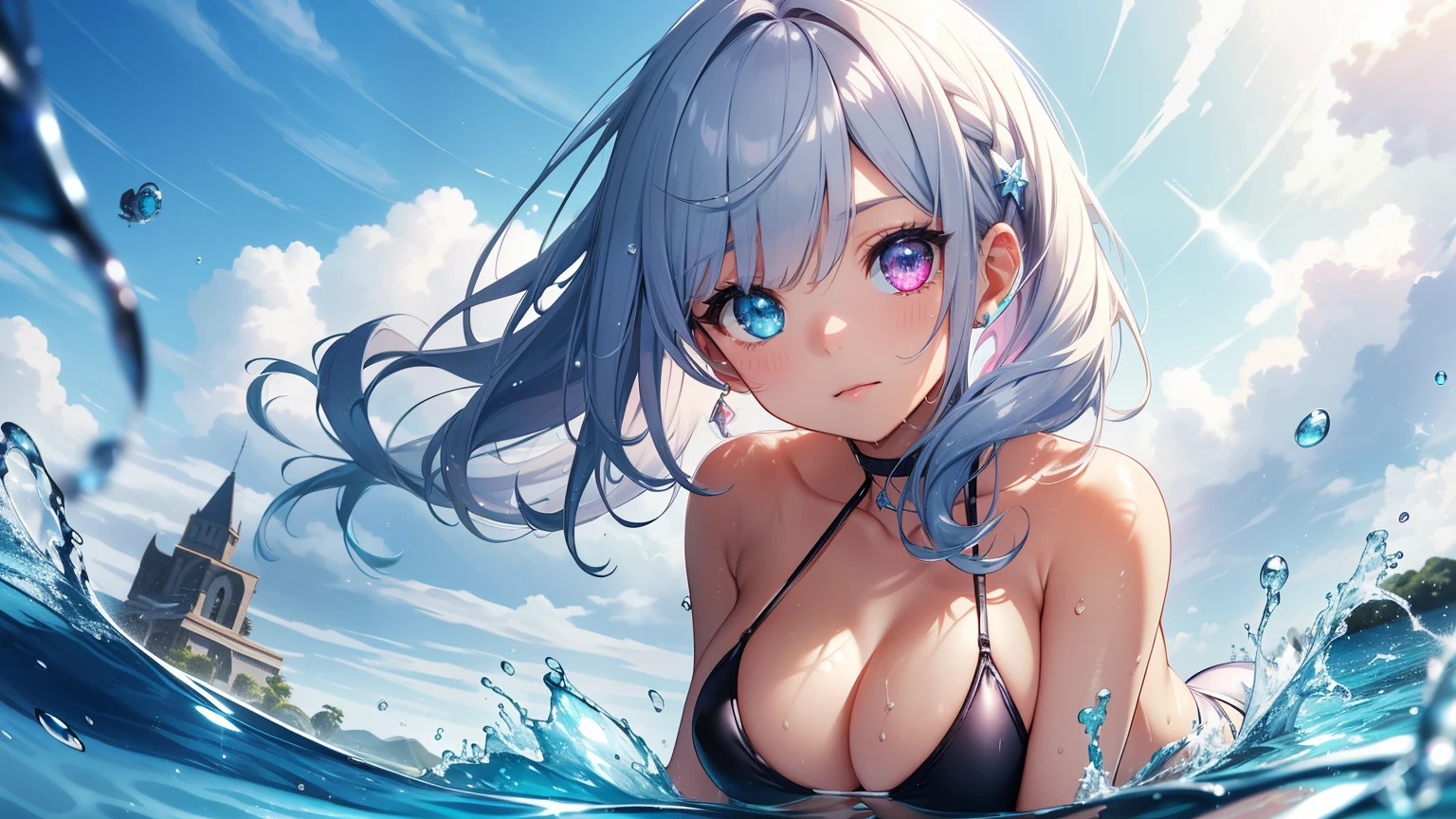 Best quality、Photorealistic、Ultra-detailed、delicate、Orderly、High Detail、Bluish Silver Short Bob、(Drooping heterochromia iris,glowing eyes、Sparkling Eyes:1.3)、Slender、(One girl:1.2)、(Swimwear,Wet South Sea、diving、Swimming in the water:1.3)Dynamic Angle、Dutch Angle、Ambient Occlusion、Ambient Light、Ray-traced Reflections、Glow、Shiny Hair、