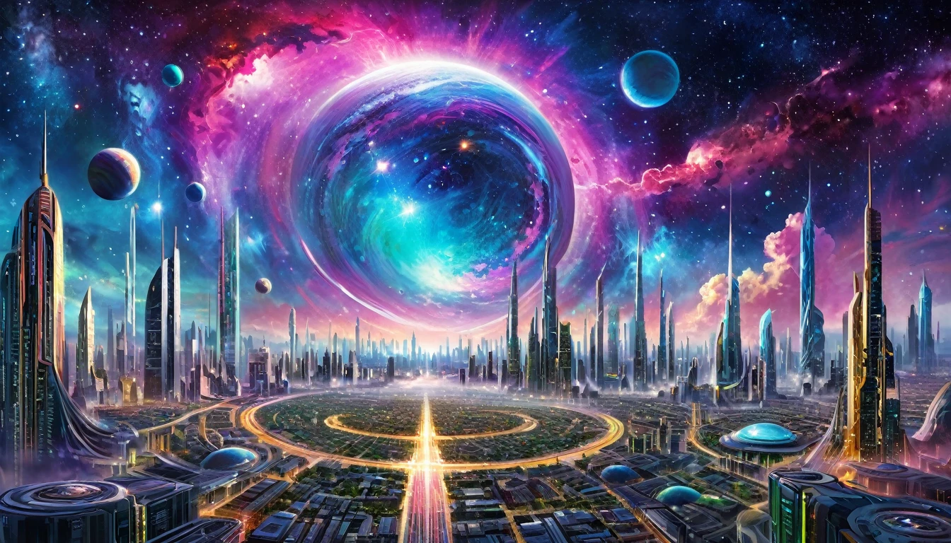 Vibrant nebula cores in the background, futuristc city, a beautiful planet occupying the sky 