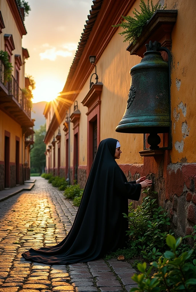 Generate an image that features the Convento de las Clarisas in Antigua Guatemala with the deceased bell and a nun.  